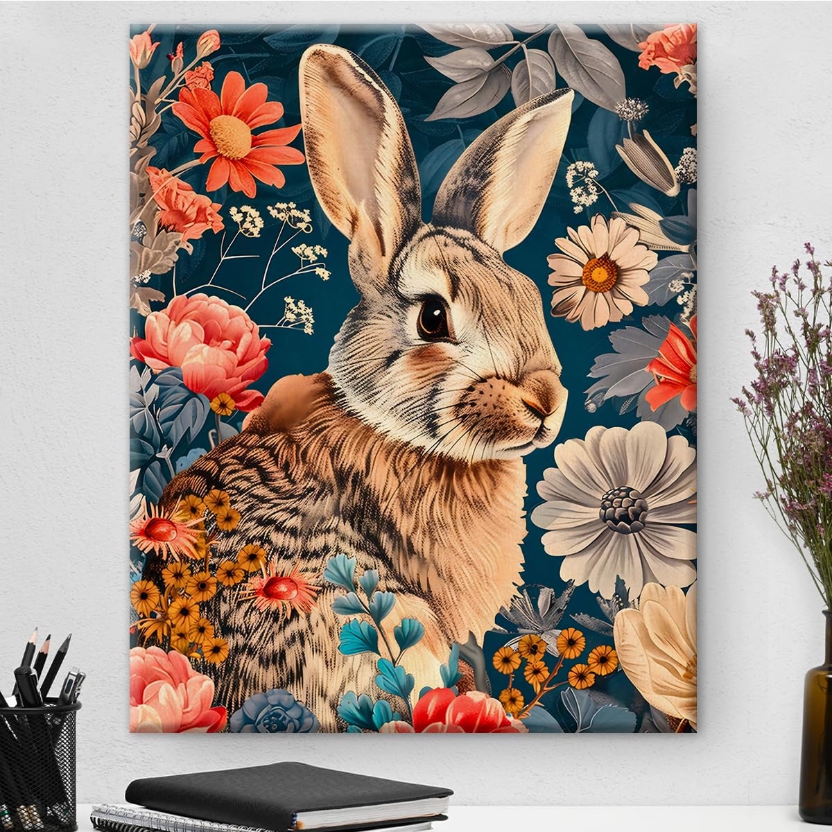 Photo 1 of Vintage Floral Rabbit Canvas Wall Art Cottagecore Flowers Rabbit Print Artwork Aesthetic Painting Picture for Home Farmhouse Living Room Wall Decor 8x10 Inch
