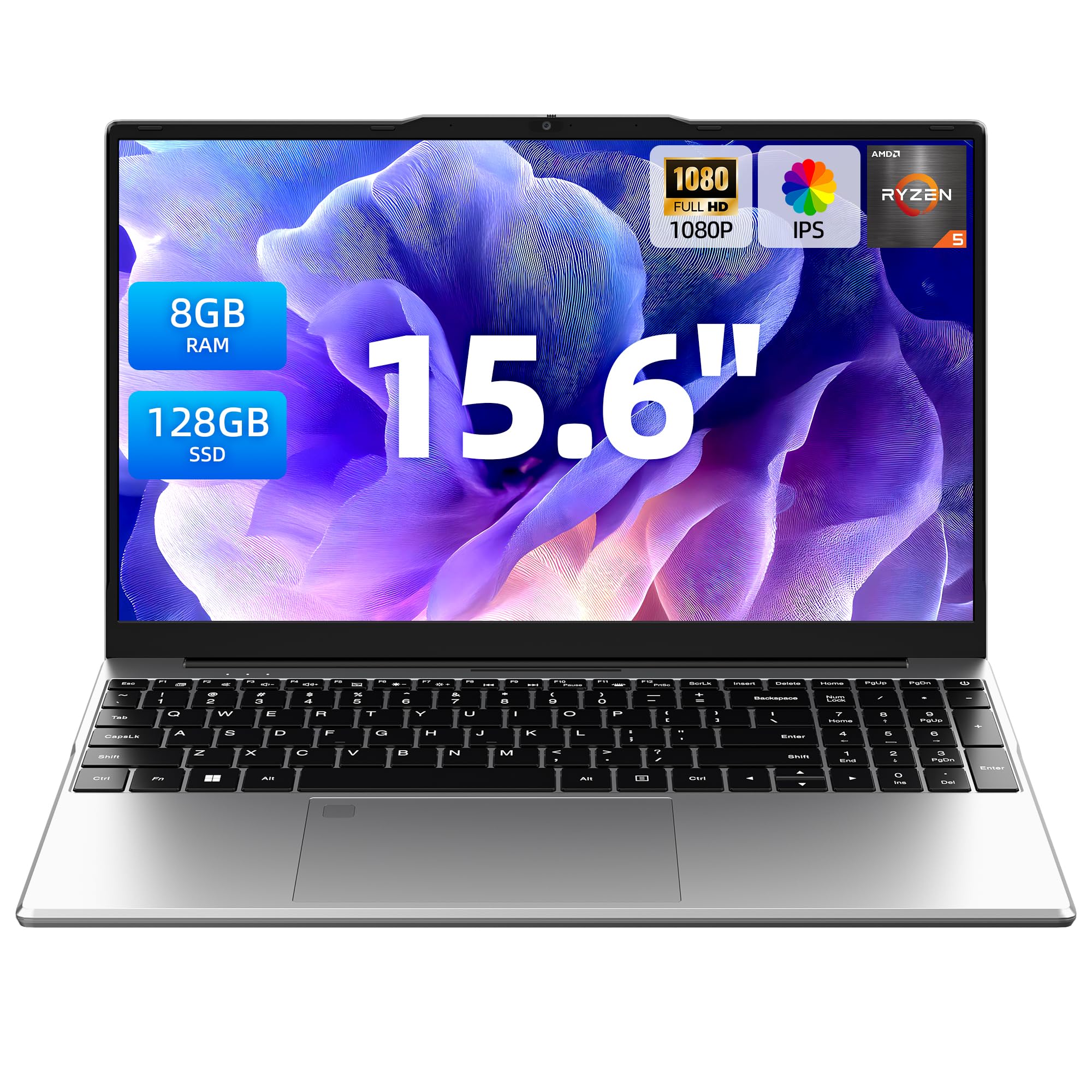 Aurant 15.6 Inch Laptops, AMD Ryzen R5, 8GB RAM, 128GB SSD, Win11 Home | Backlit Keyboard, FHD IPS Display, 180° Lay-Flat, Su