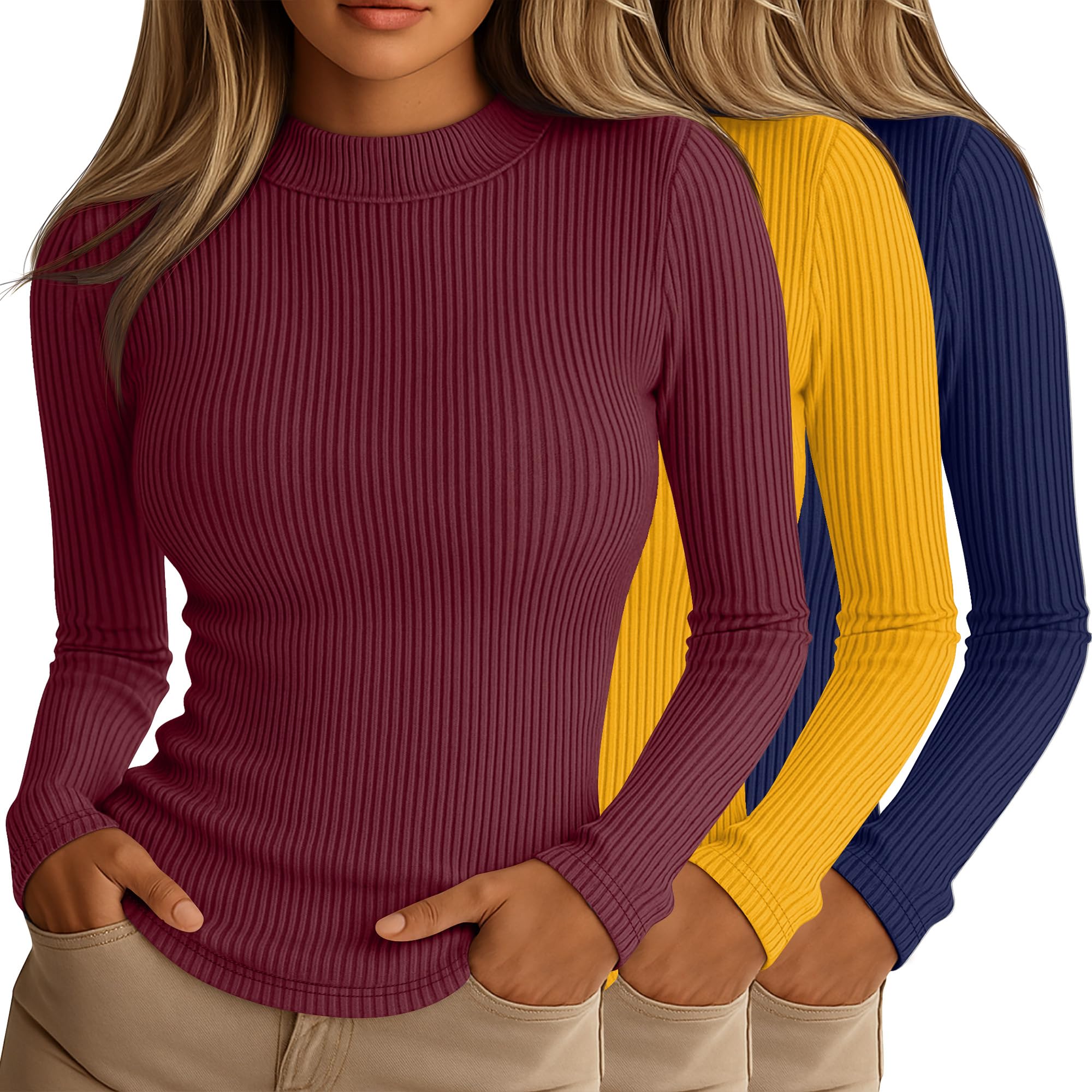Photo 1 of (ONLY YELLOW SHIRT) Riyiper 3 Pack Women's Ribbed Shirts, Mock Turtleneck Long Sleeve Tops Slim Fitted Undershirts Casual Basic Layering Tees(Rose Red, Yellow, Navy Blue,Medium)
