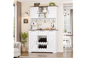 HIFIT 72" Large Kitchen Pantry Storage Cabinet with Barn Doors & Shelves & Drawers, Farmhouse Tall Kitchen Hutch with Bar Cabinet and Microwave Stand, Cupboard Wine Rack for Kitchen Dining Room, White