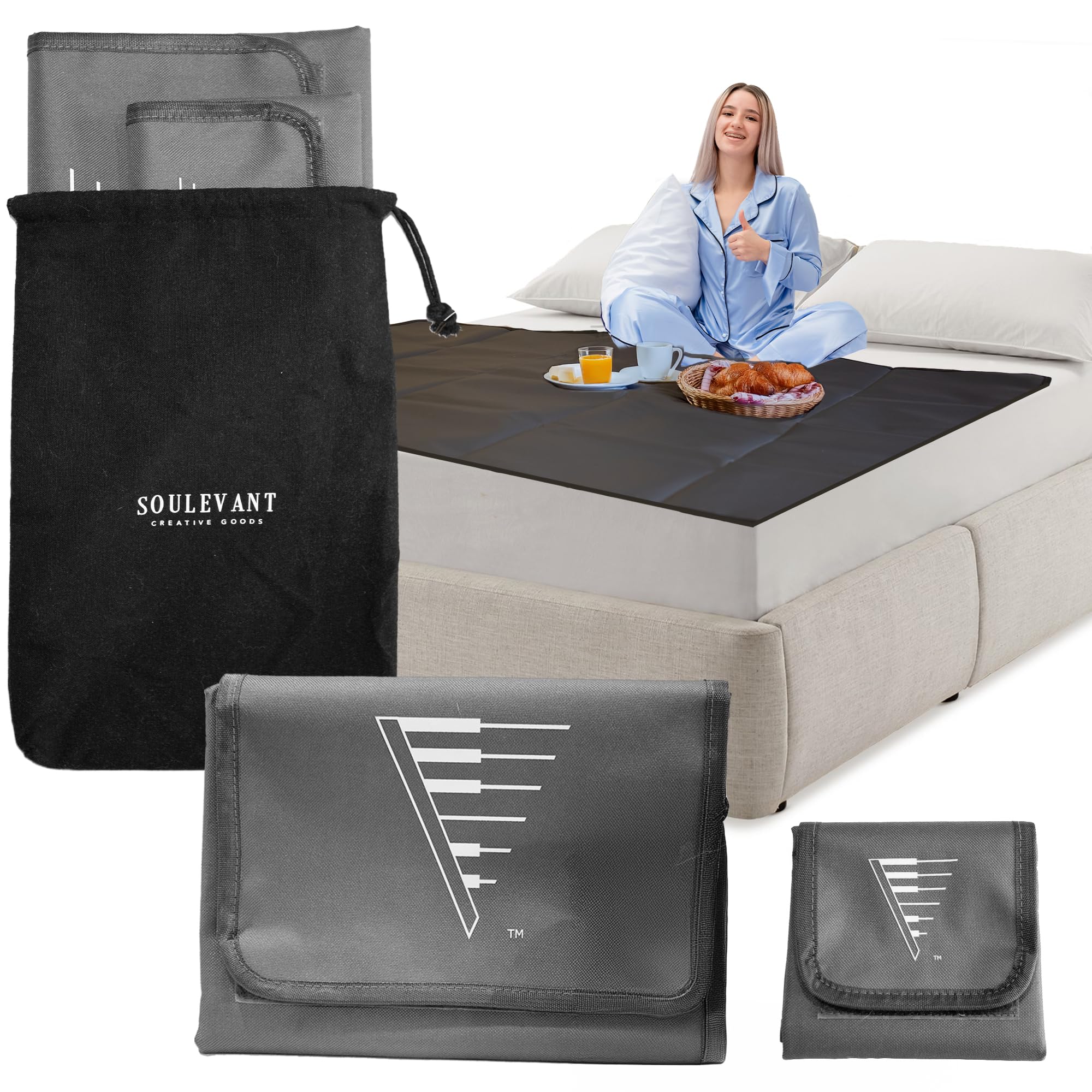 Photo 1 of SOULEVANT Portable Waterproof Bed Protector – Placemat Set (2 Sizes) - Reusable Lay-Flat Mattress Sheet Cover for Food, Eating, Spills, Travel, Dorm, Hotel Airbnb - Washable, Reversible