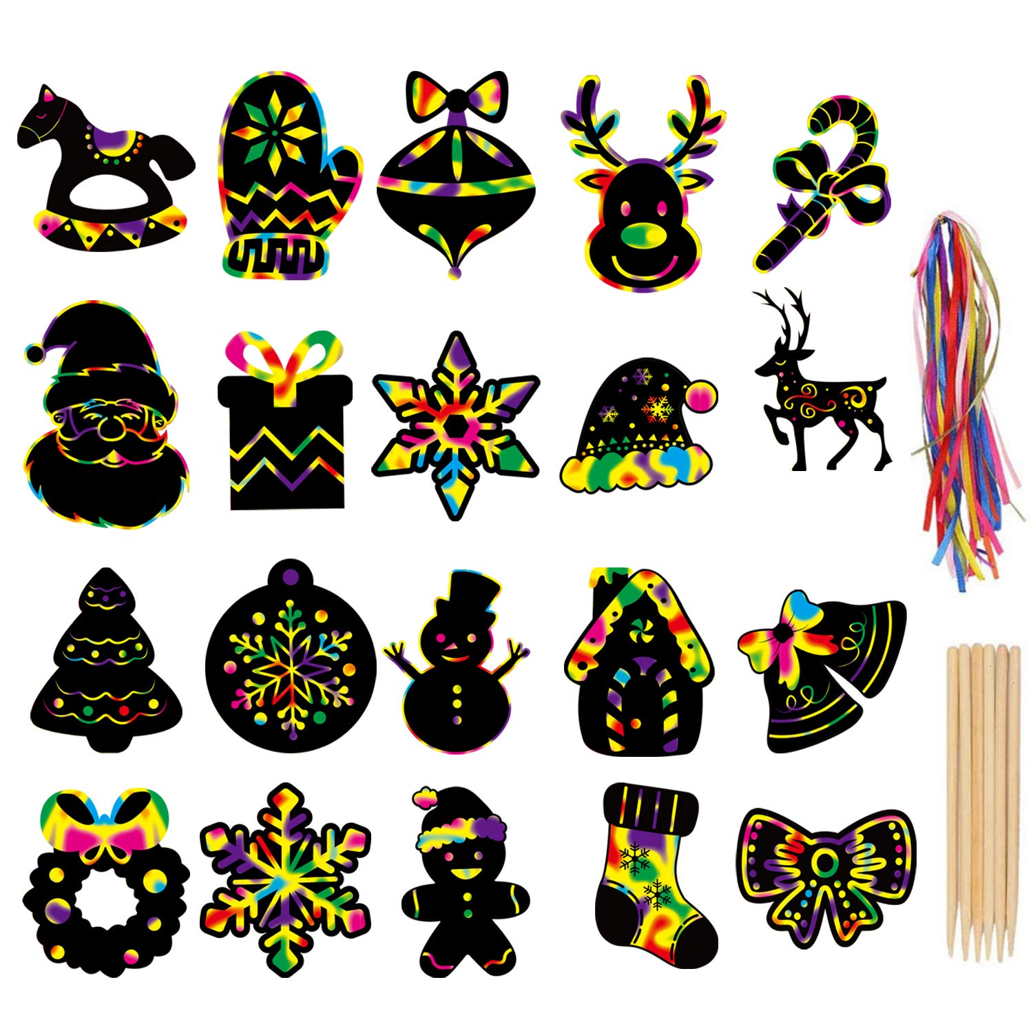 LOKIPA Christmas Scratch Paper Art Ornaments,80 Rainbow Magic Scratch Off Paper Cards with Drawing Sticks&Ribbon for Christmas Decoration