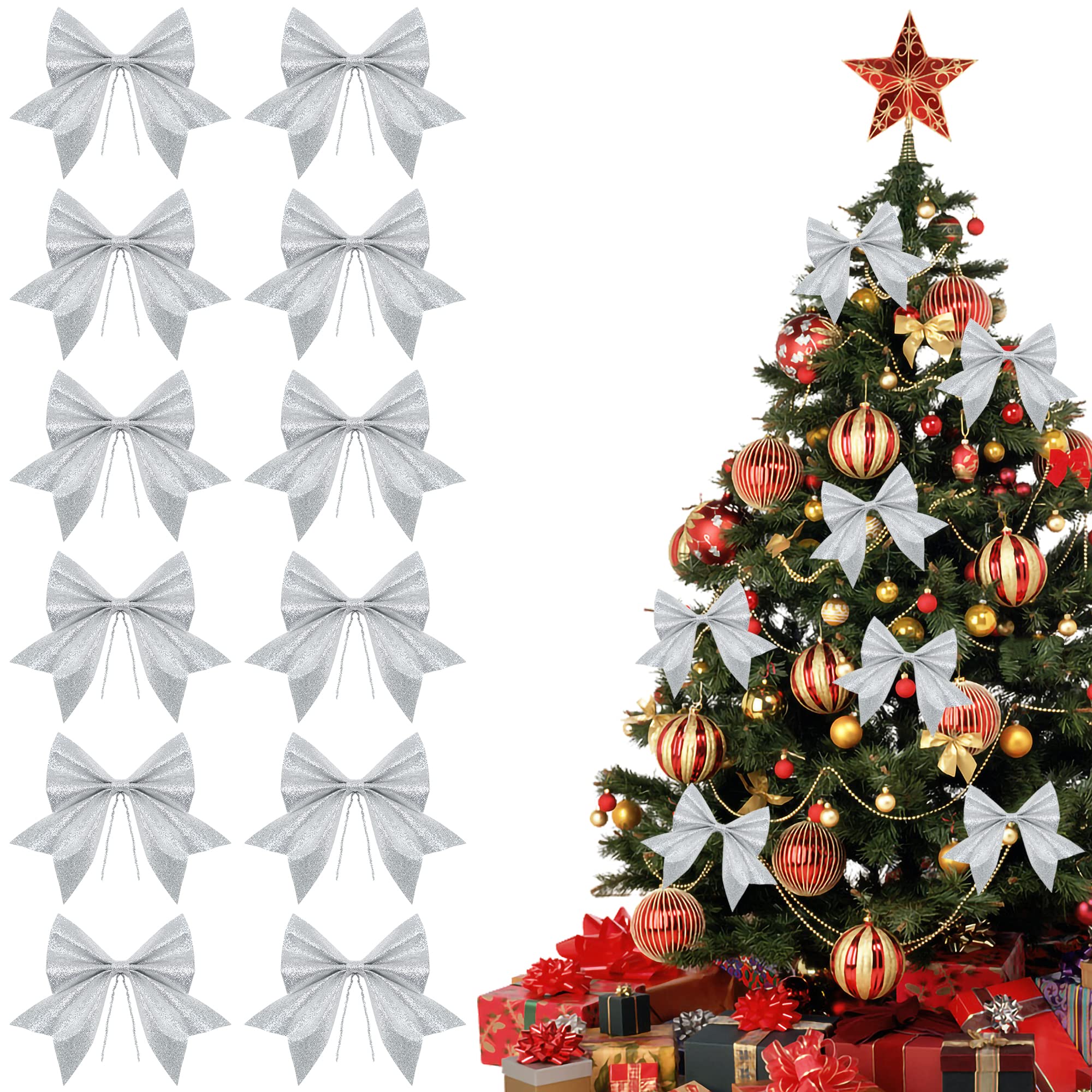KEYIDO 12 PCS Silver Christmas Tree Bows, Glitter Silver Bows for Christmas Tree Decorations, Large Silver Tree Bows, Silver Wreaths Bows, Silver Christmas Tree Ornaments 6 inch