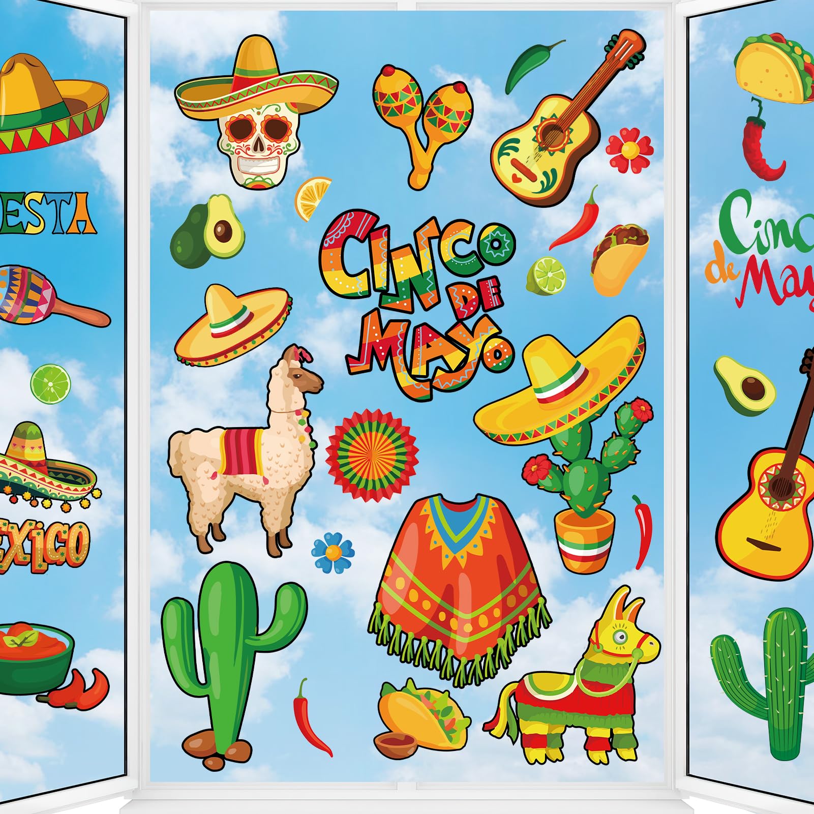 HOWAF 8 Sheets Mexican Fiesta Party Window Clings, Cinco De Mayo Party ...