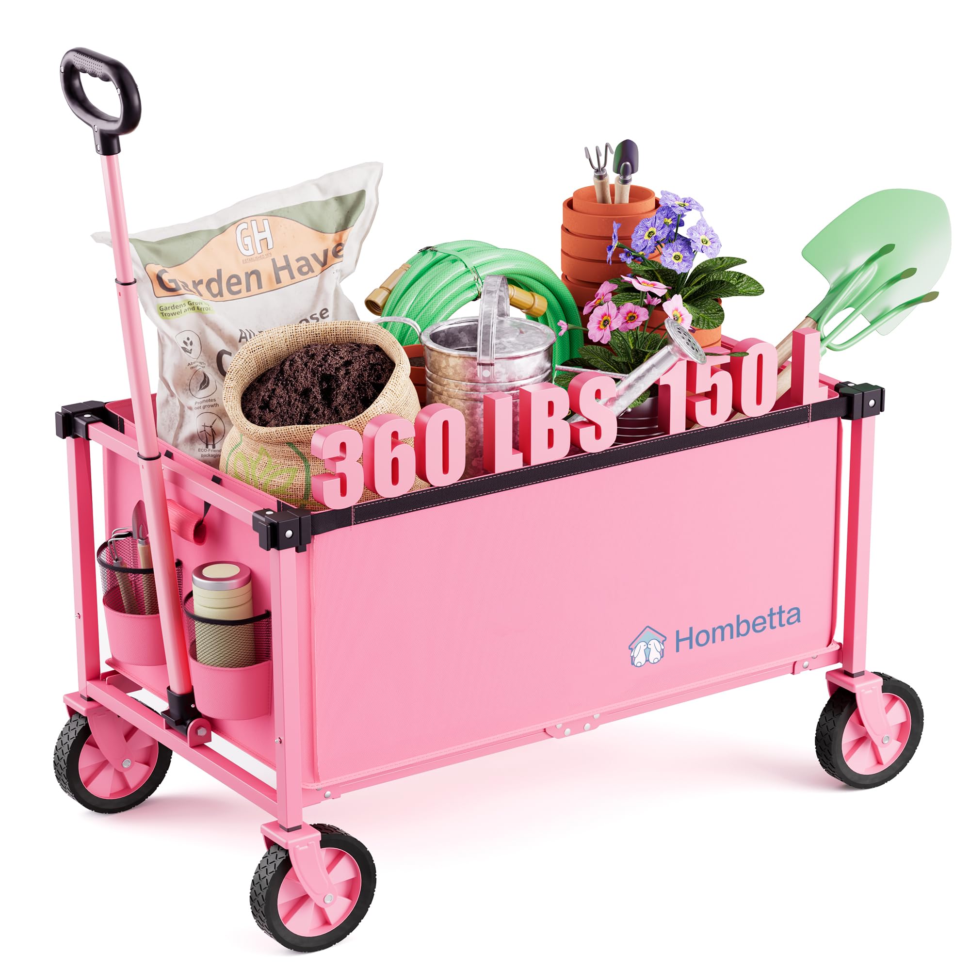 Photo 1 of Hombetta Collapsible Wagon Cart with Wheels, 150L Lightweight Foldable Utility Cart, Portable Rolling Wagon for Garden, Shopping, Sports, Camping, Transport, Pink