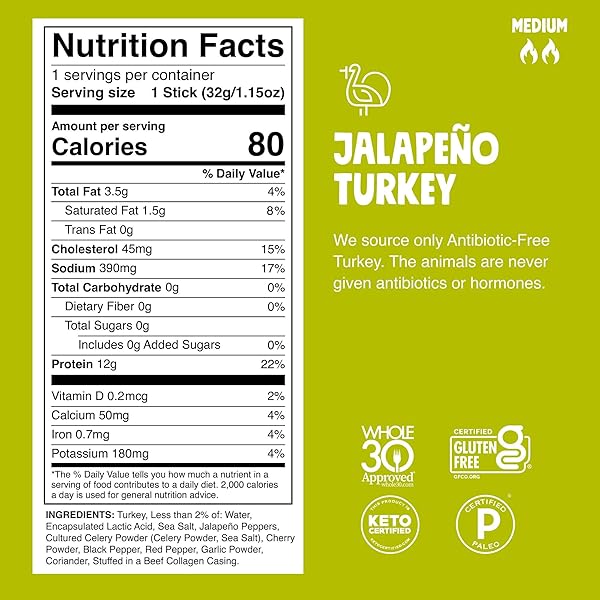 CHOMPS JALAPEÑO TURKEY JERKY MEAT SNACK STICKS 10-PACK – KETO, PALEO, LOW CARB, WHOLE30 APPROVED, 12G LEAN MEAT PROTEIN, GLUTEN FREE, ANTIBIOTIC FREE, ZERO SUGAR FOOD