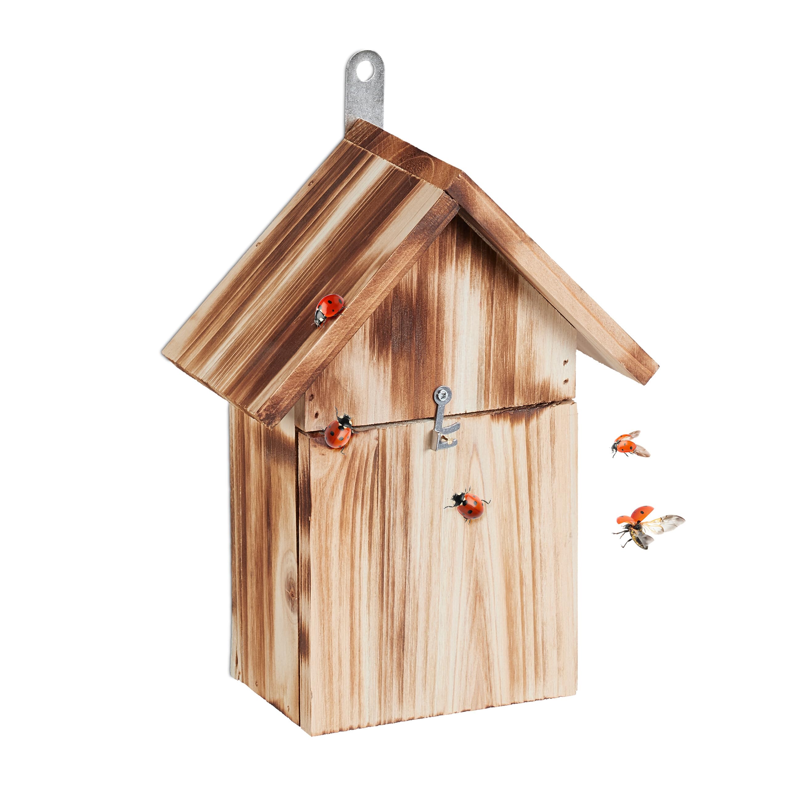 Relaxdays Ladybird House, Garden Insect Hotel, for Hanging, Flamed Wood, Hibernation Box, HWD: 23 x 18 x 10 cm, Brown