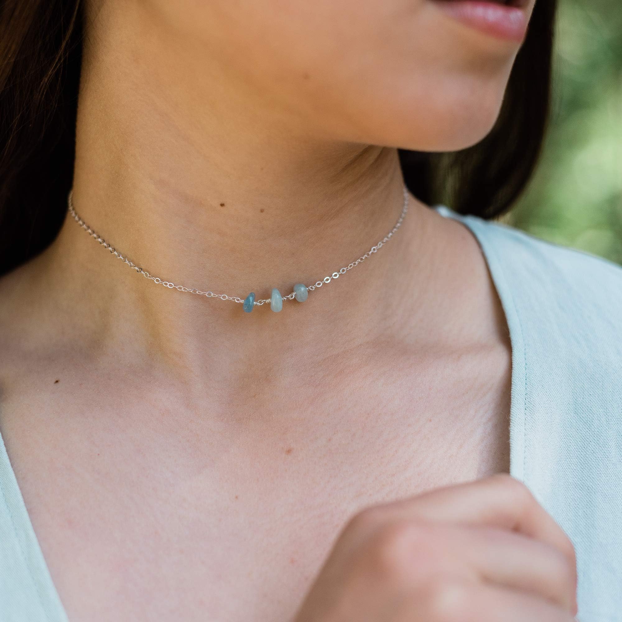 Aquamarine Beaded Chain Choker Necklace in Sterling Silver - March Birthstone