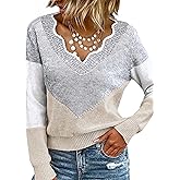 Women Fall Color Block V Neck Pullover Long Sleeve Sexy Cozy Ladies Sweaters Tops