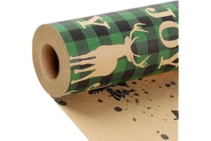 LaRibbons Reversible Kraft Vintage Christmas Wrapping Paper with Natural Jute Twine, Classic Green Joy and Deer Design for Christmas, Season Party, 17 Inch X 40 Feet (56.6 sq. ft. ttl.)