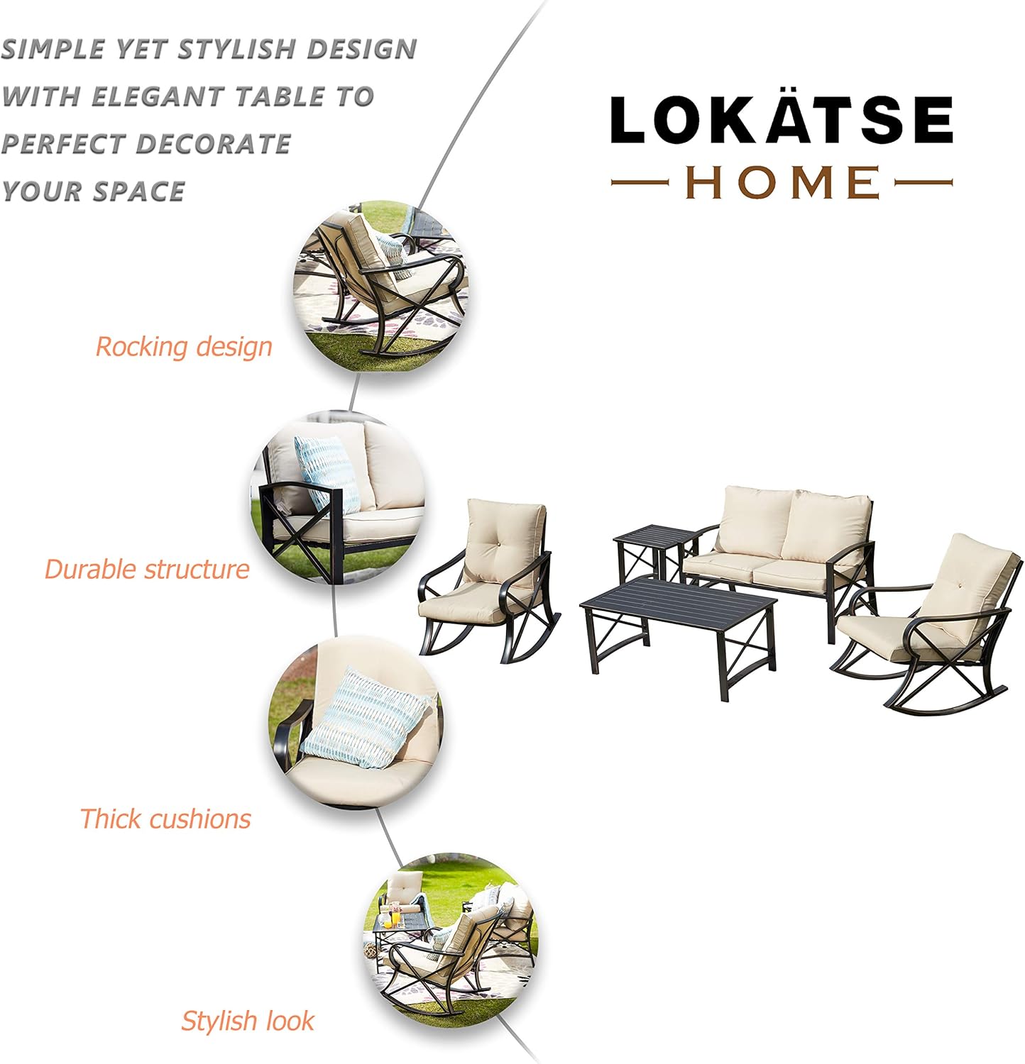 LOKATSE HOME 5 Pieces Patio Conversation Set Outdoor Metal Furniture Padded Deep Seating with Loveseat, 2 Rocking Chairs and 2 Coffee Table, Khaki : Garden & Outdoor