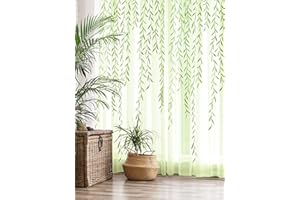 Breling Willow Voile Curtains Cute Green Sheers Leaf Tulle Vine Window Sheers Ivy Pretty Curtain for Living Room Bedroom Window Door Balcony(2 Pieces,39.4 x 78.7 Inch)