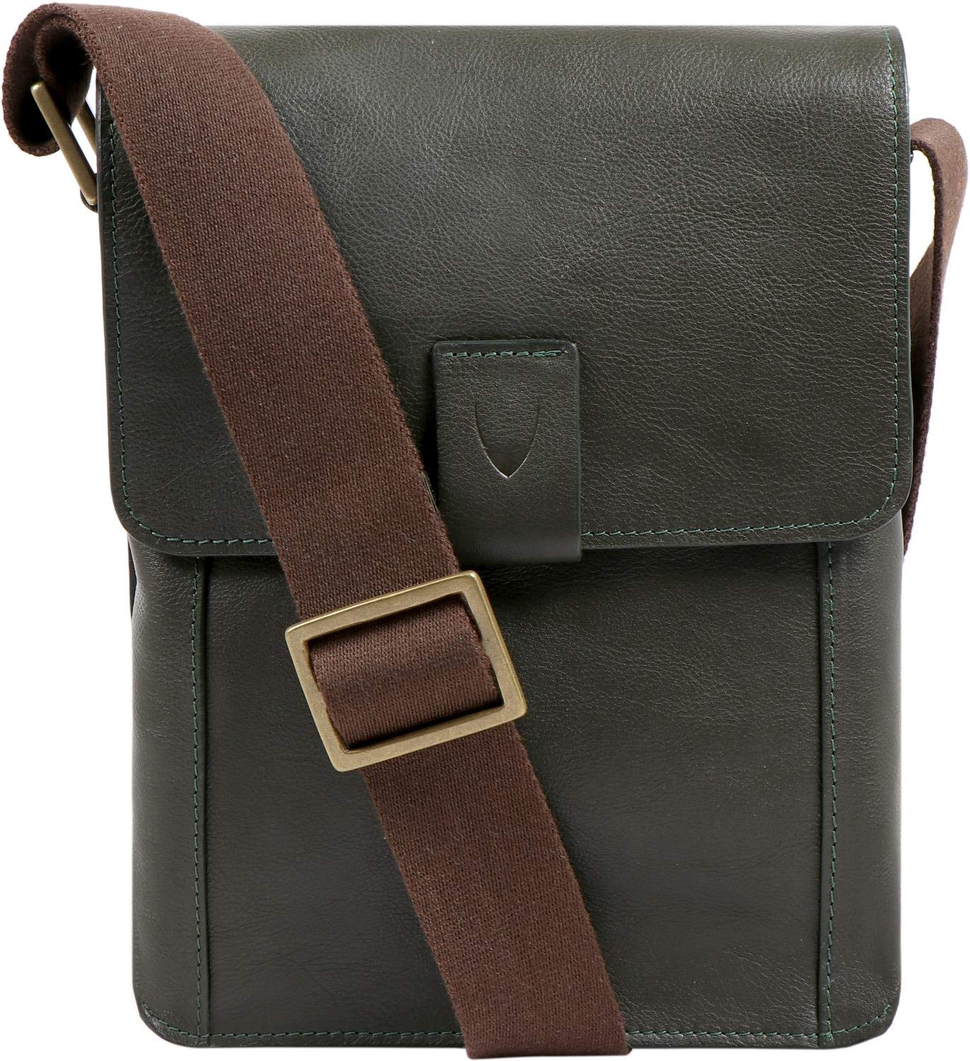 Hidesign Aiden Genuine Leather and Canvas Mini Crossbody Men/Women Messenger Bag/Travel Bag / 10.5" iPad Bag (Olive Green)