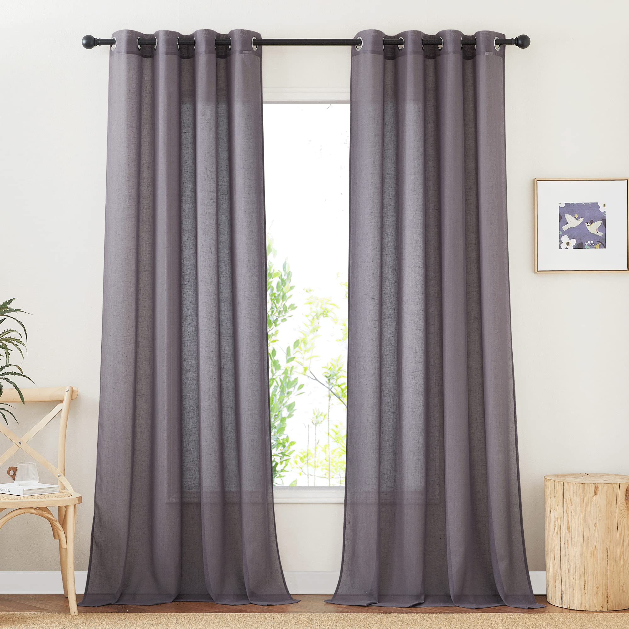 Photo 1 of NICETOWN Faux Flax Linen Sheer Living Room Curtains, Grommet Elegant Semi Sheer Curtains Privacy Light Filtering Vertical Drapes for Kids Room/Daughter, W52 x L90, Purple Brown, 2 Panels