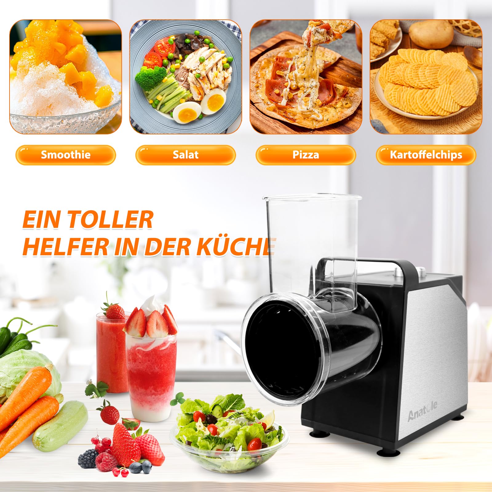 Anatole Gemüseschneider Elektrisch Ice Crusher 7 Klingen Gemüsehobel Eisrasierer Edelstahl 250W Großkaliber Käsereibe Multifunktional 220V EU-Stecker 7