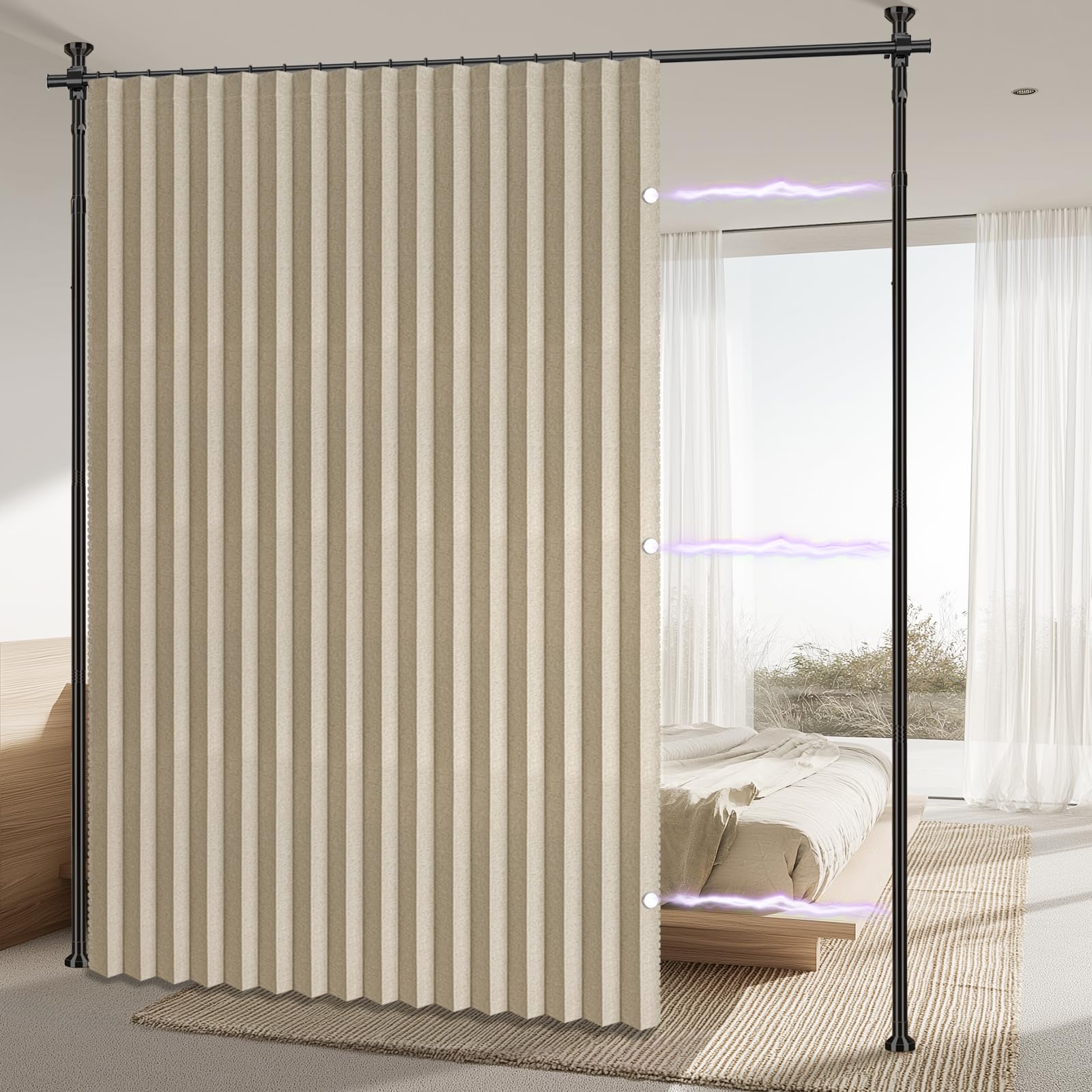 Photo 1 of AJAZZ Room Divider Curtain (Beige, W100 x L84 in, 1 Panel)+ Curtain Rods No Drilling Adjustable Tension (H) 43-120×(W) 35-100 in, Heavy Duty Wall Divider for Apartment/Dorm