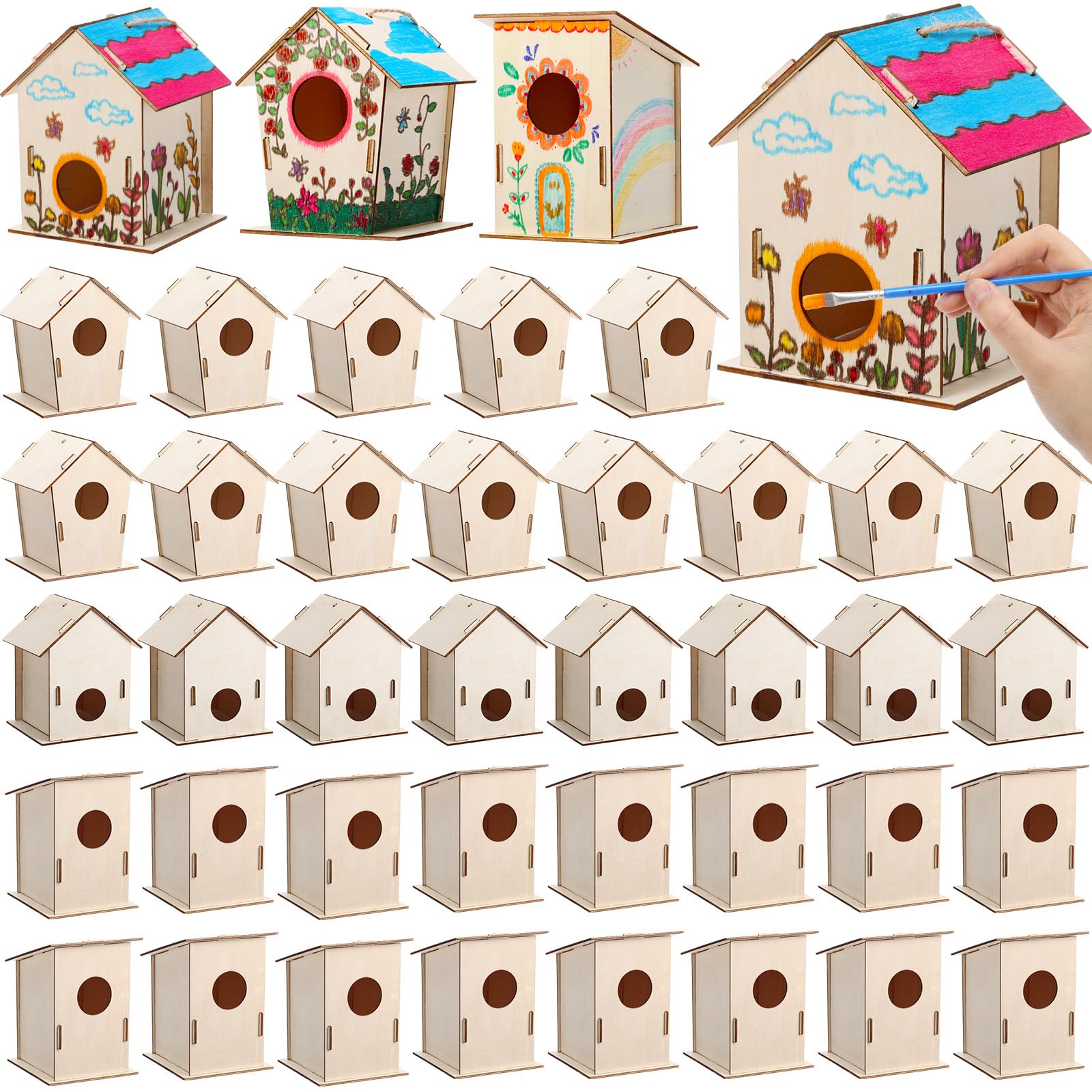 Photo 1 of DoubleFill 24 Pcs Bulk Wooden Bird Houses Kits for Kids DIY Bird House Kit Unfinished Wood Birdhouse Wooden Crafts to Paint, Build, and DIY for Boys Girls Crafts Classroom Activity, 3 Styles