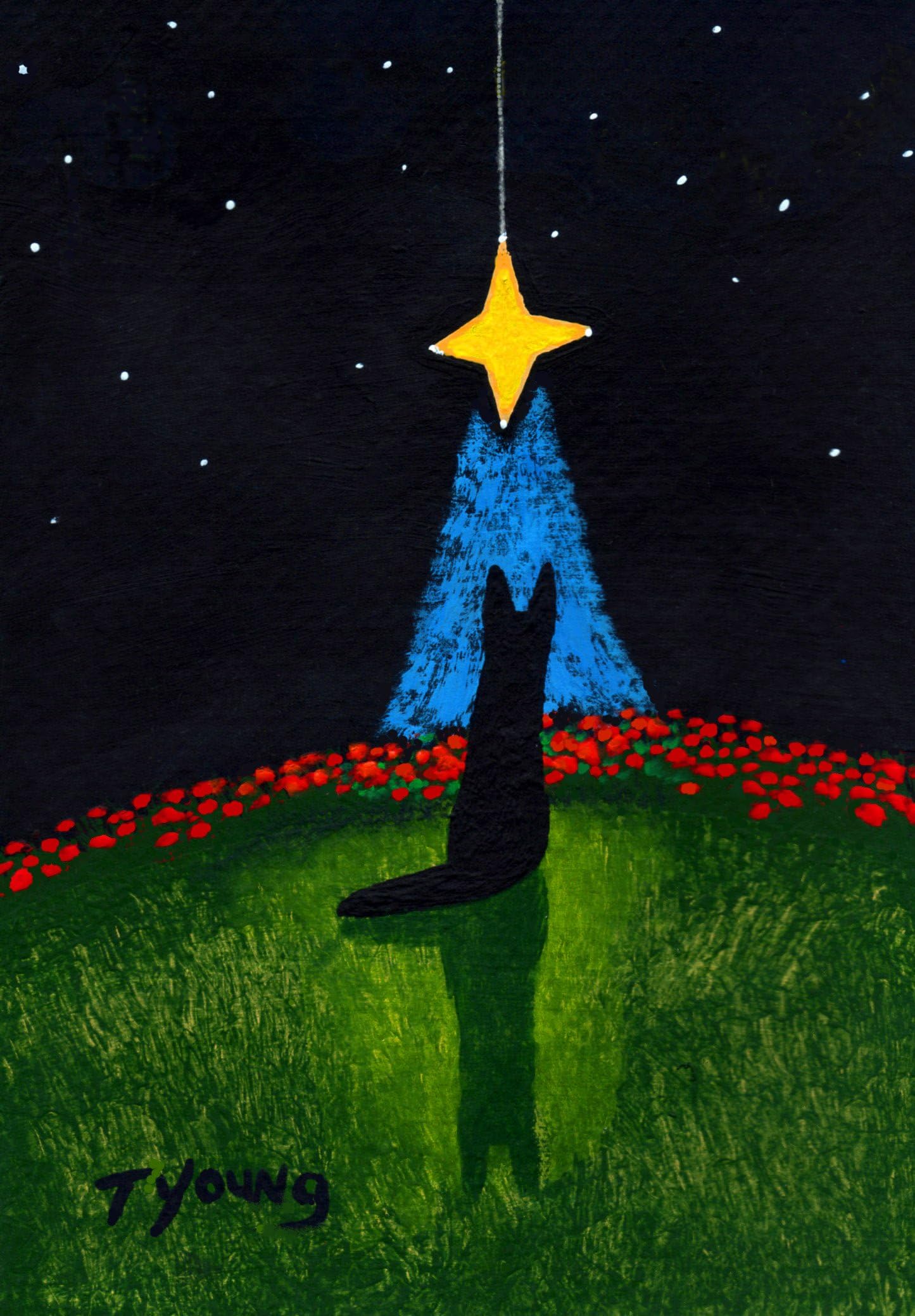 Black German Shepherd Dog Folk Art PRINT by Todd Young WISHING ON A STAR