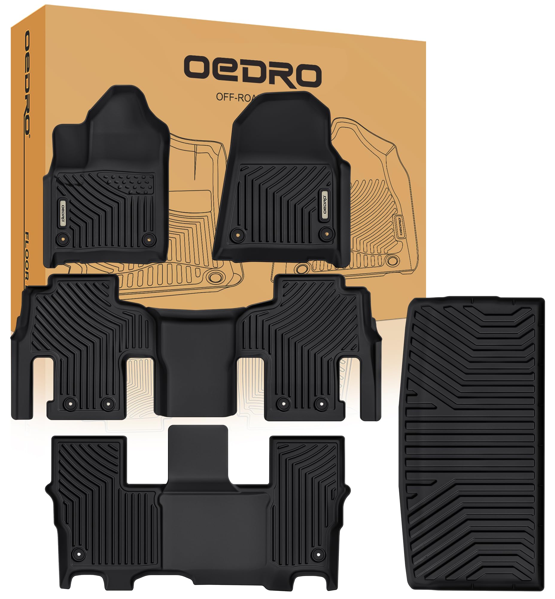 OEDRO Floor Mats Accessories Set (Full Set + Cargo) Fit for 2022-2025 Jeep Wagoneer, Custom Fit TPE All-Weather Floor Liners, Black Image