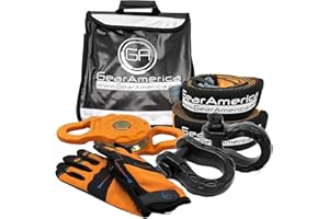 GA GEARAMERICA GearAmerica Off Road Recovery Kit, 25 Ton, Includes Tow Strap, Tree Saver, Mega Snatch Block Pulley, D-Ring Shackles, Winch Line Dampener Bag, Gloves - Off Road Recovery Gear, 4x4, Black