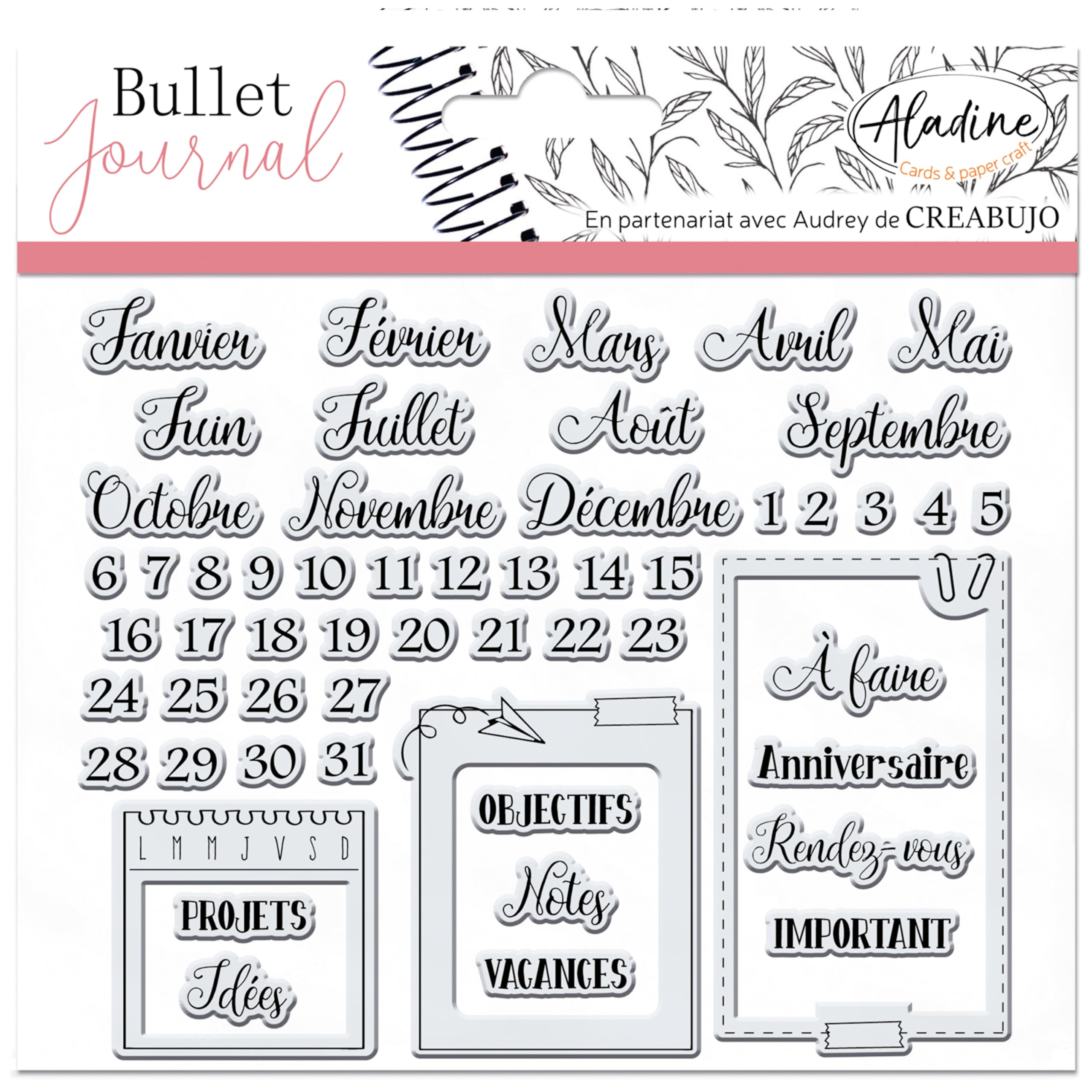 Aladine Stamp Set, Black, Clear Month Organization, Hundreds of Designs, Ideal for Bullet Journal, Notebooks, DIY Crafts, Wide, Acrylic, Rectangular