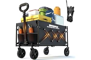 HOOPLE Collapsible Wagon with Wheels 220 lbs Heavy Duty, Folding Utility Wagon Cart with All‑Terrain Wheels, Telescoping Handle & 2 Cup Holders, Lightweight Portable for Beach Garden Grocery Shopping