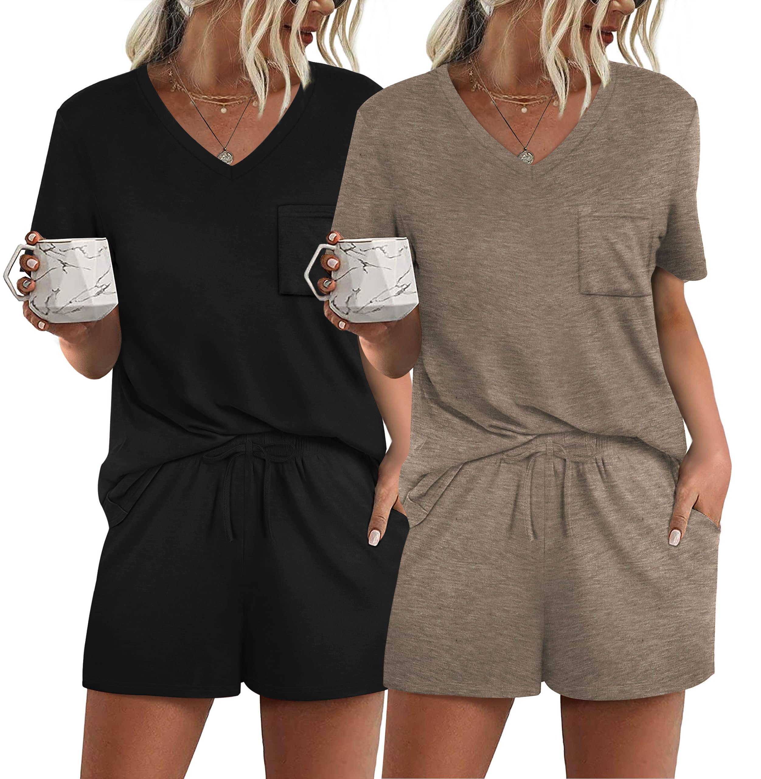 RUBZOOF 2 Pack Women‘s Short Sleeve Pajama Sets Casual V Neck Lounge Sets Comfy Soft Sleepwear S Image RUBZOOF 2 Pack Women‘s Short Sleeve Pajama Sets Casual V Neck Lounge Sets Comfy Soft Sleepwear S Image