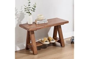 DM Furniture Solid Wood Entryway Bench, 30" Rustic Small Storage Bench 2-Tier Farmhouse Wooden Bench with Shelf Narrow Bench Seat Indoor for Entryway, Living Room, Dining Room, Hallway, Walnut