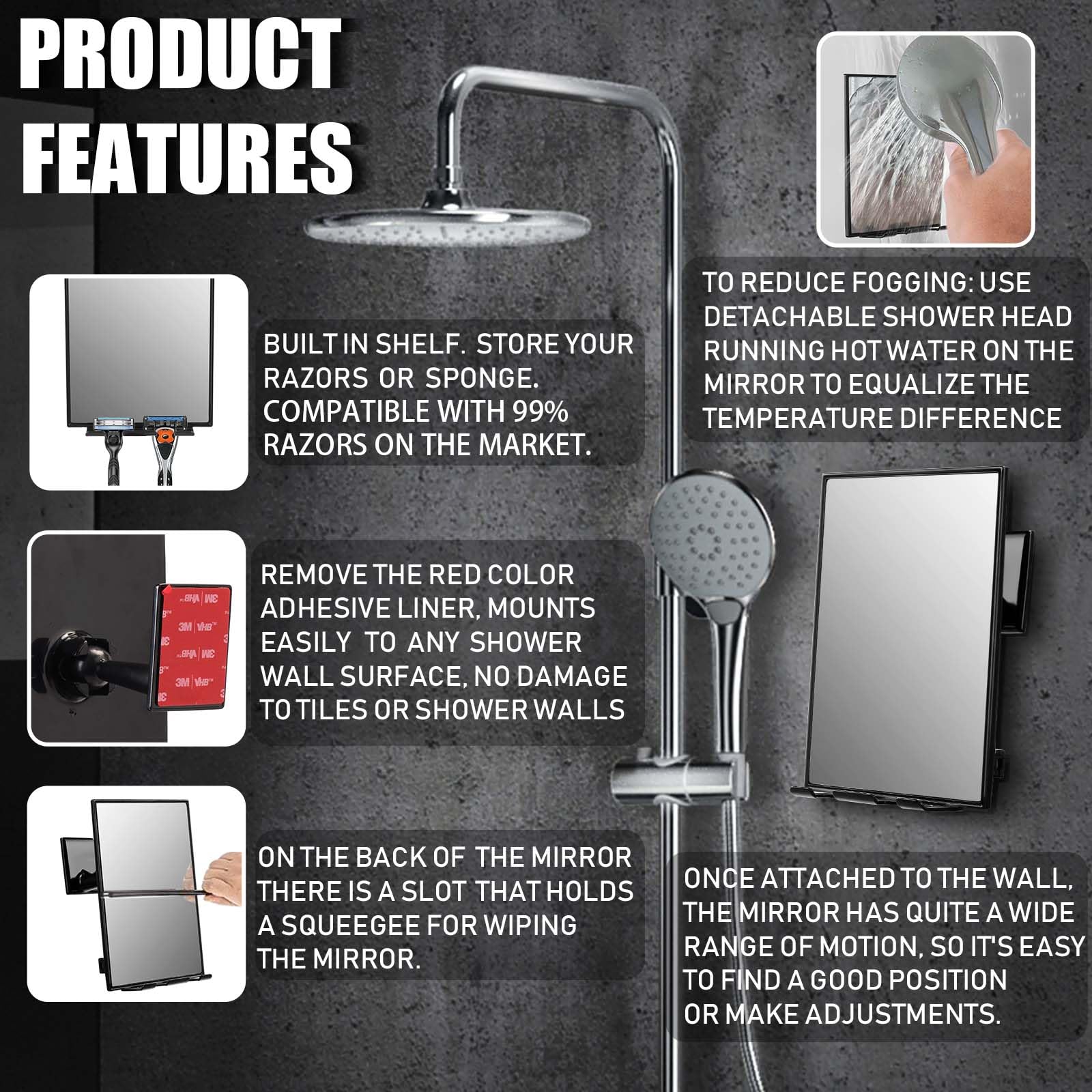LFOYOU Shower Mirror for Shaving - with Squeegee, Razor Holder & Swivel, 360°Rotation Adjustable Mirror, Accessories, Bathroom Holds Razors