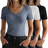 Huukeay 3 Pack Women's Henley T Shirts V Neck Button Short Sleeve Tees Ribbed Knit Slim Fitted Basic Casual Tops