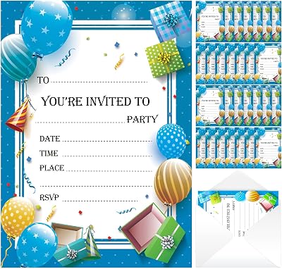 SOL 28 Blue Party Invitations with Envelopes Kids Write On RSVP For All