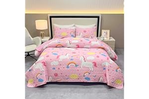 VINILITE Rainbow Unicorn Kids Quilt Sets for Girls Twin Size, 3Pcs Soft Microfiber Children Cartoon Quilted Bedspread Coverlet Bedding Comforter Set Reversible All Season with 2 Pillow Sham, Pink