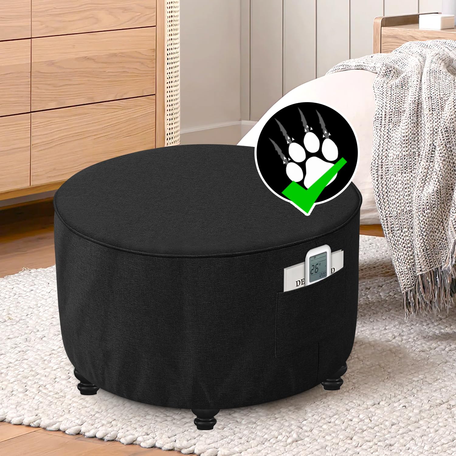 H.VERSAILTEX Ottoman Cover Round Thick Linen Look Ottoman Slipcover Round Ottoman Storage Cover ...