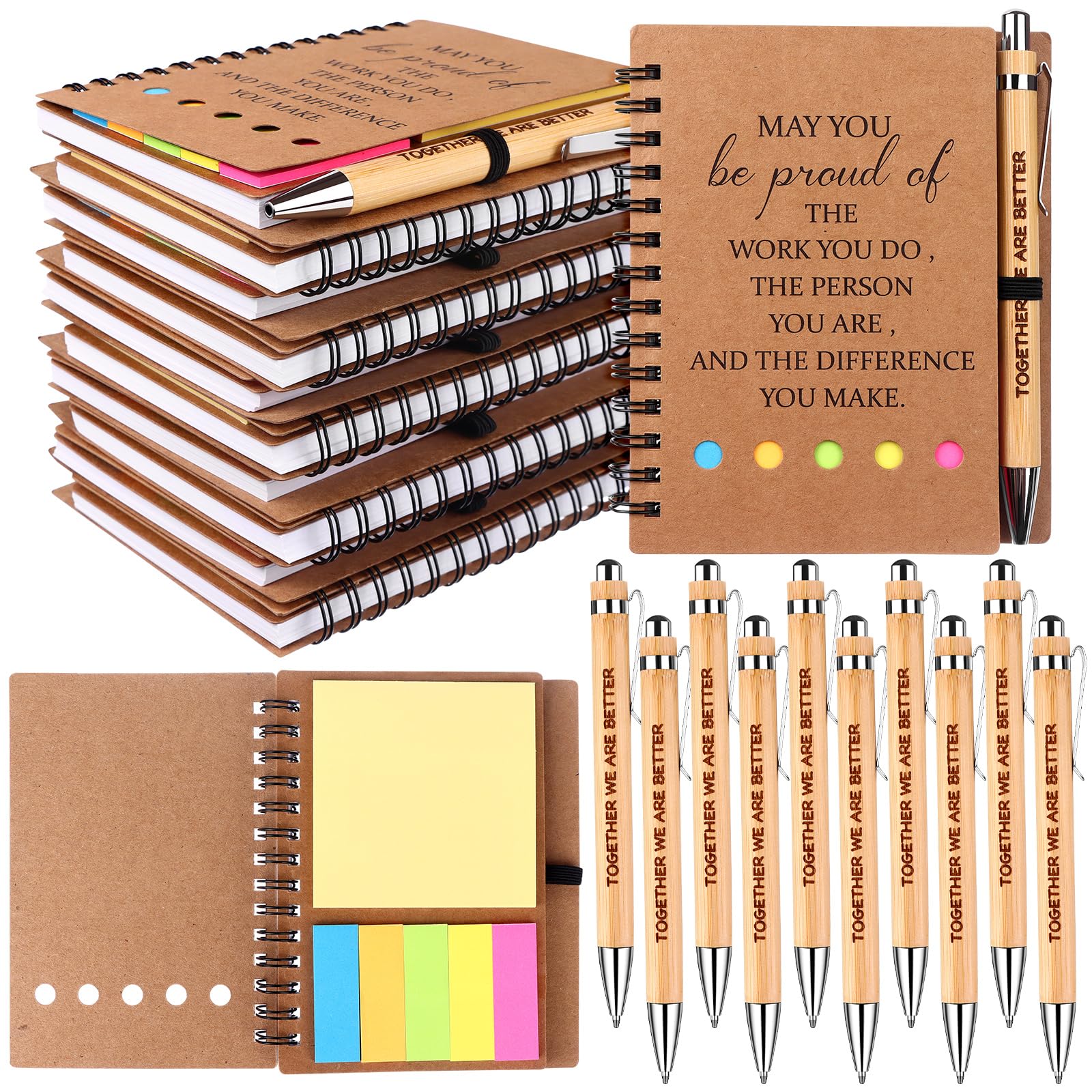 10 Sets Employee Appreciation Gifts Bulk Motivational Bamboo Ballpoint Pens with Inspirational Spiral Notebook Journal Thank You Gift Leaving Gifts for Colleagues Nurse Teacher Coworker Volunteer
