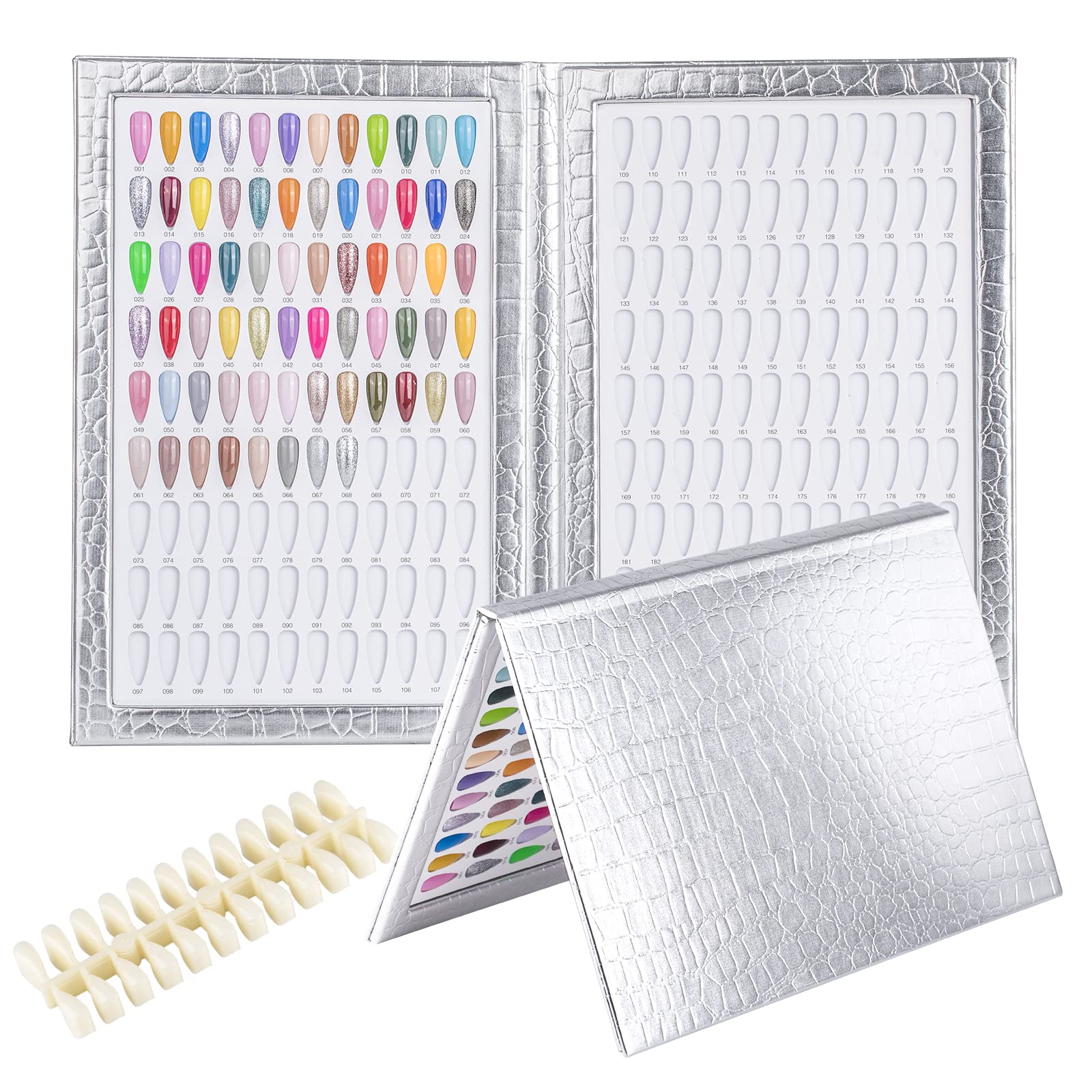 BNG Nail Color Chart - 216 & 240 Pcs False Nails Tips, Professional Gel Polish Display with Silver Leather Book
