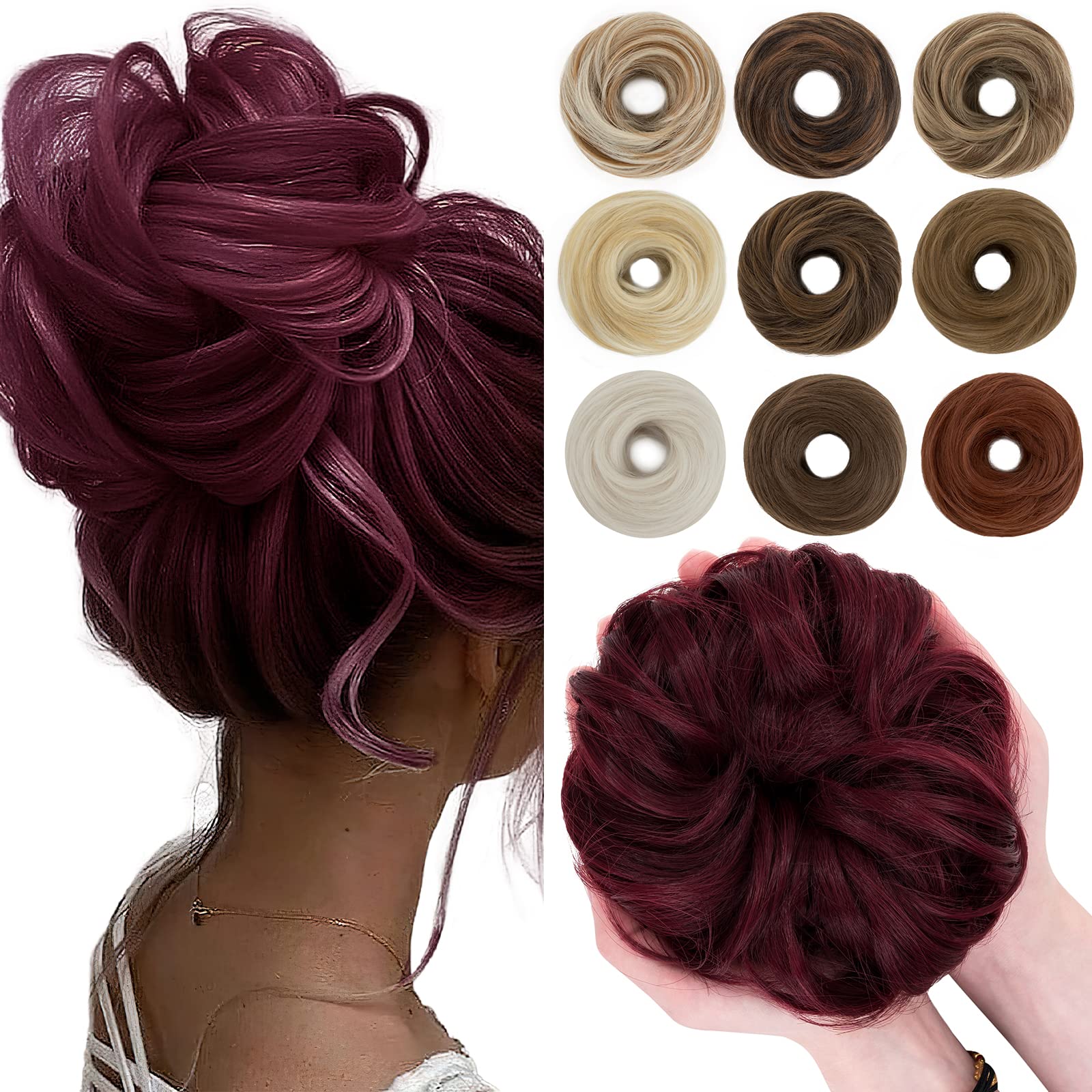 SEGO 55g Messy Bun Fluffy Tousled Updo Scrunchies Synthetic Thicker Hair Bun Hair Piece For Women Donut Easy Bun Hairpiece, Wine Red, 1 Count
