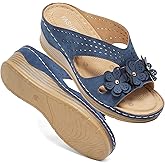 SHASINGGE Wedge Sandals for Women, Casual Comfortable Walking Slip on Slides, Open Toe Leather Platform Sandal, Arch Support Chunky Summer Dressy Shoes Lightweight Memory Foam Hollow Slippers