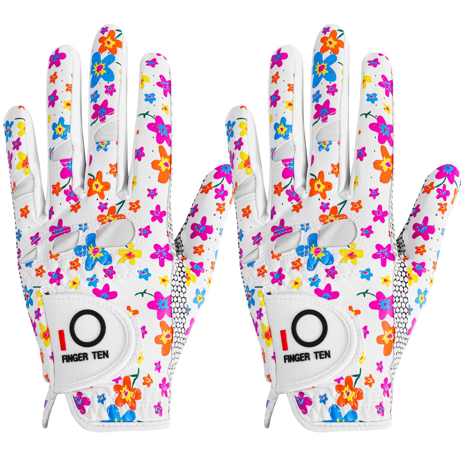 FINGER TEN Golf Gloves Ladies Left Hand with Non Slip Palm All Weather Soft Value 2 Pack, Women Golf Glove Rain Grip Weathersof Flexible (Medium,Left,Colorful)