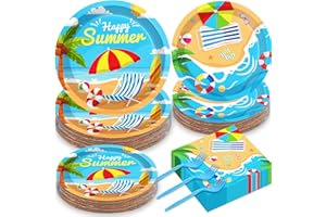QYEAHKJ 200 Pieces Beach Party Supplies Summer Birthday Party Decorations Disposable Paper Plates Napkins Forks Dinnerware Tableware Set Beach Party Decoration Favors For Kids Serves 50