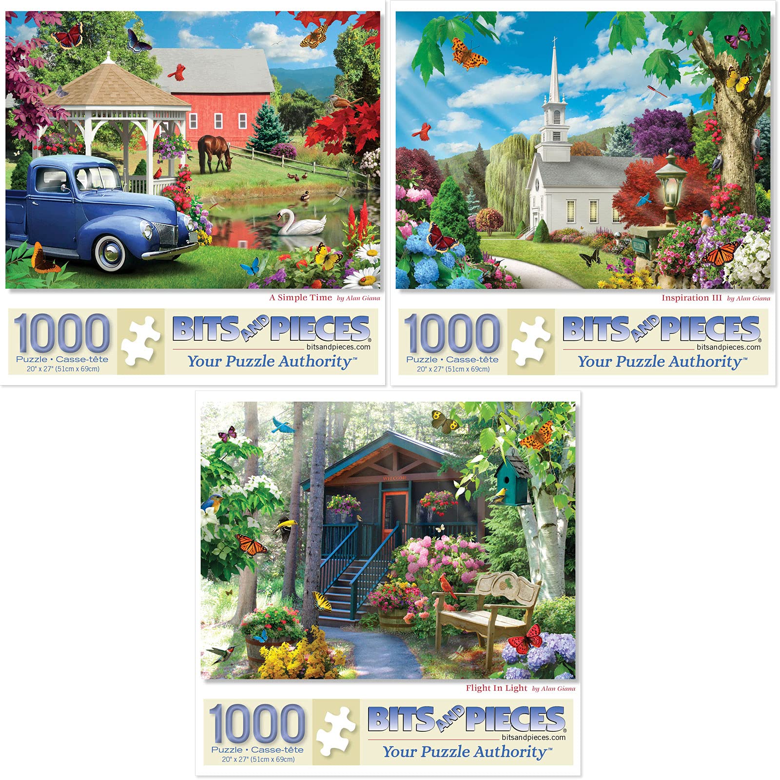 Bits and Pieces - Value Set of Three (3) 1000 Piece Jigsaw Puzzles for Adults - Each Puzzle Measures 20" x 27" - 1000 pc Inspiration, A Simple Time, Flight in Light Jigsaws by Artist Alan Giana