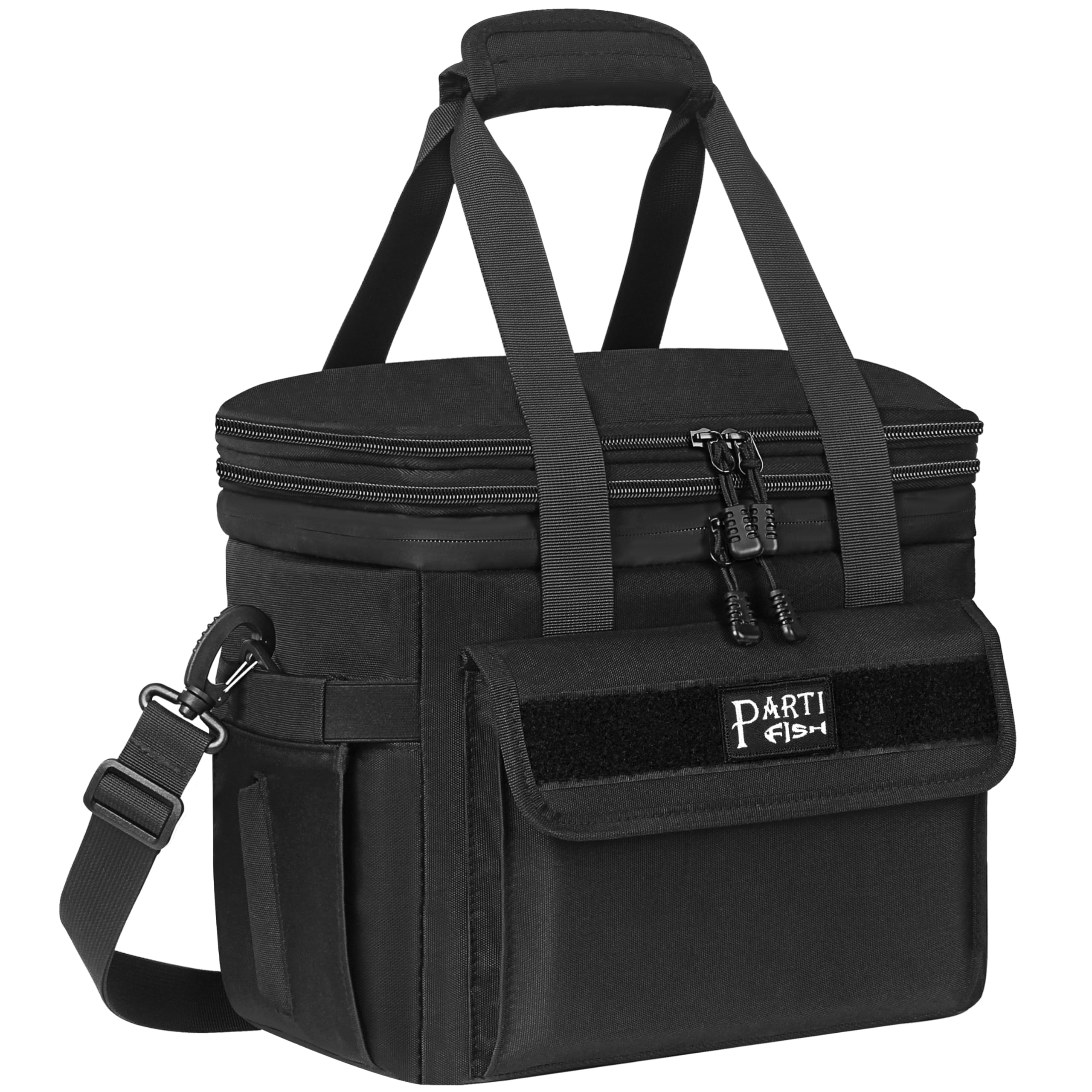 PARTI FISH Cool bag Lunch Bag 5-Layers Strong Thermal 2-Decks Cooler Box Bag for Adult, 15L 18L Large Adjustable Water-Leak-proof Anti-slip-fall Construction Travel Camping Outdoor, Modern, Black