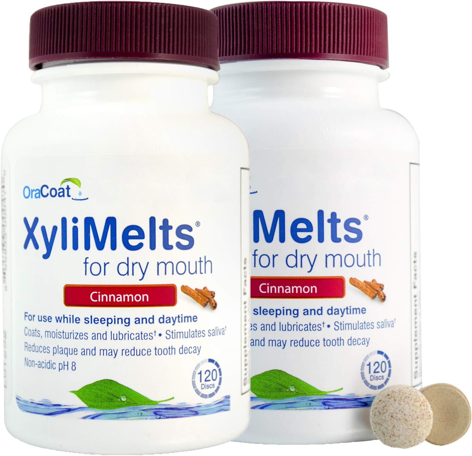 OraCoat XyliMelts for Dry Mouth Care 120 count bottles, All Natural, Gluten Free, No Preservatives, Helps Neutralize Acids, Cinnamon, 2 bottles (240 discs total)