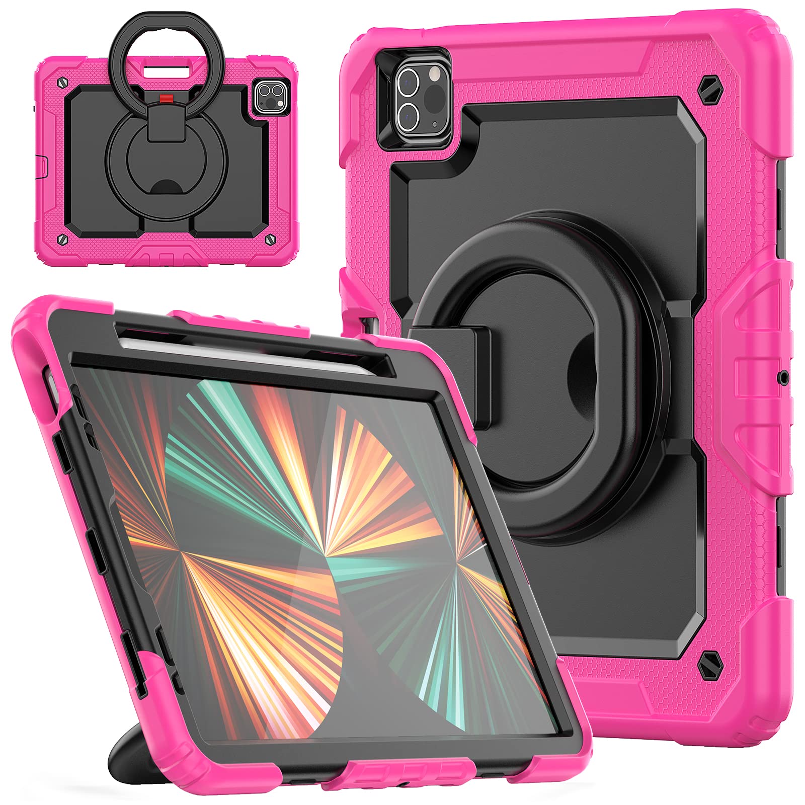 HUEZOE Compatible iPad Pro 11 Inch Case, Model 2021/2020/2018, Shockproof Protective Cover for Full Body Rigid Rugged with Swivel Holder/Pen Holder, Pink Red