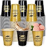 FYSUIMU 100Pcs 2025 Graduation Cups Bulk 16Oz Gold Black Plastic Cup Congrats Grad Disposable Drinking Cups for Home School Grad Party Supplies