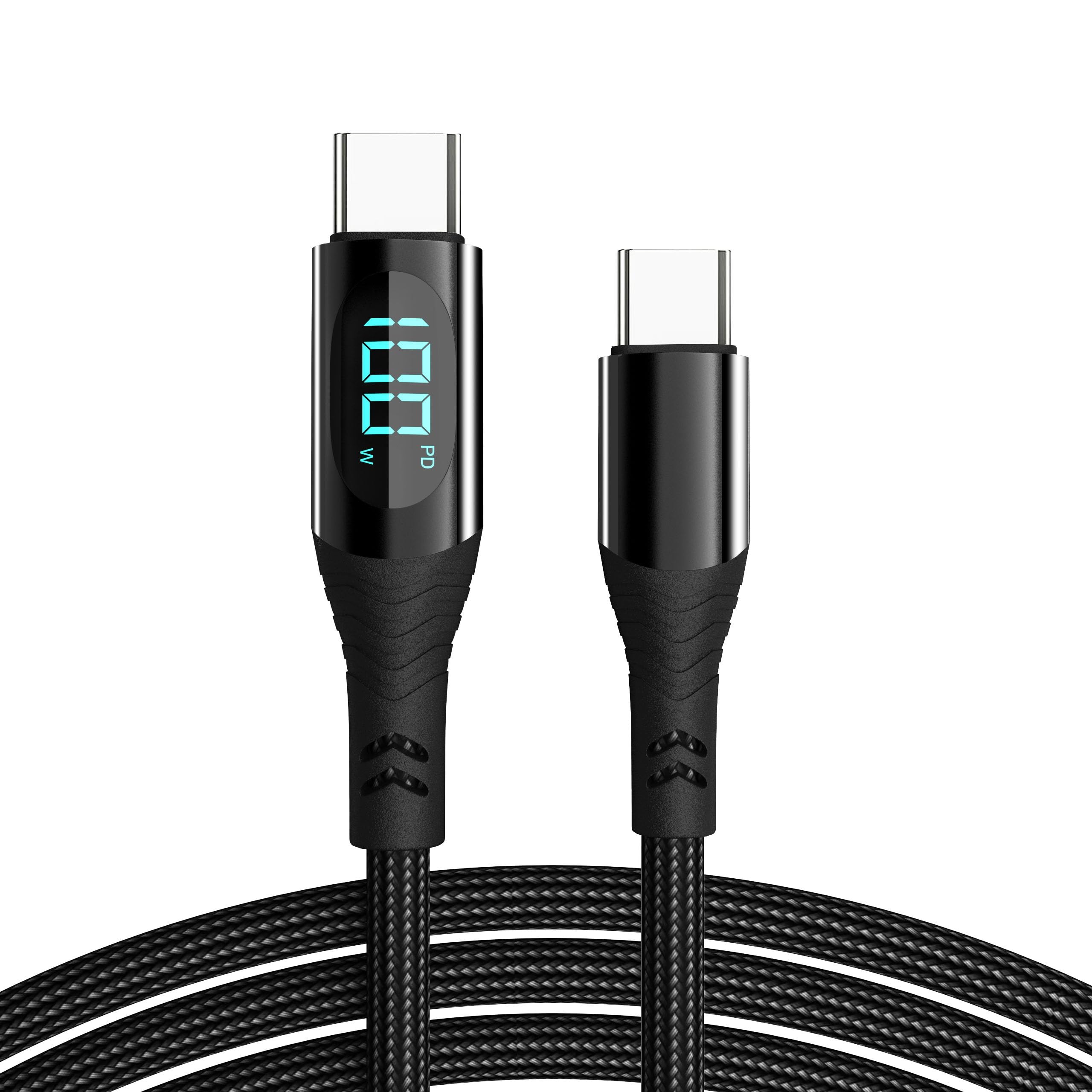 Wayzu® 100W USB C to USB C Cable 2M with Digital Display — Fast Charging PD Lead for iPhone 16 15 Pro Max, Samsung Galaxy S25 S24, MacBook Pro Air, iPad Pro, Google Pixel — Braided Nylon, 480Mbps