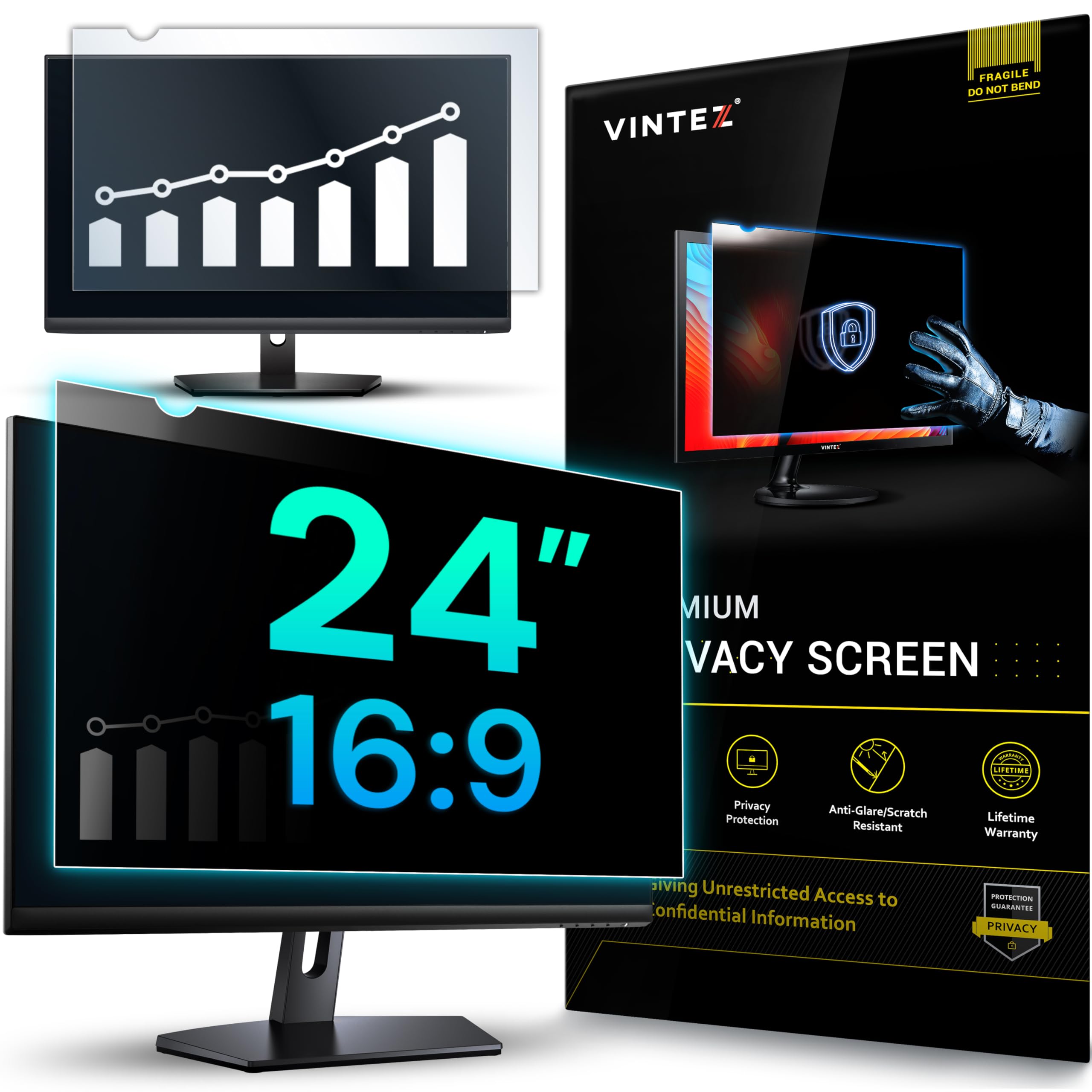VINTEZ 24 Inch 16:9 Privacy Screen for Computer Monitor and Laptop - Anti Glare Protector Film Blue Light Filter Eye Protection - Computer Screen Privacy Shield, [1 Pack]