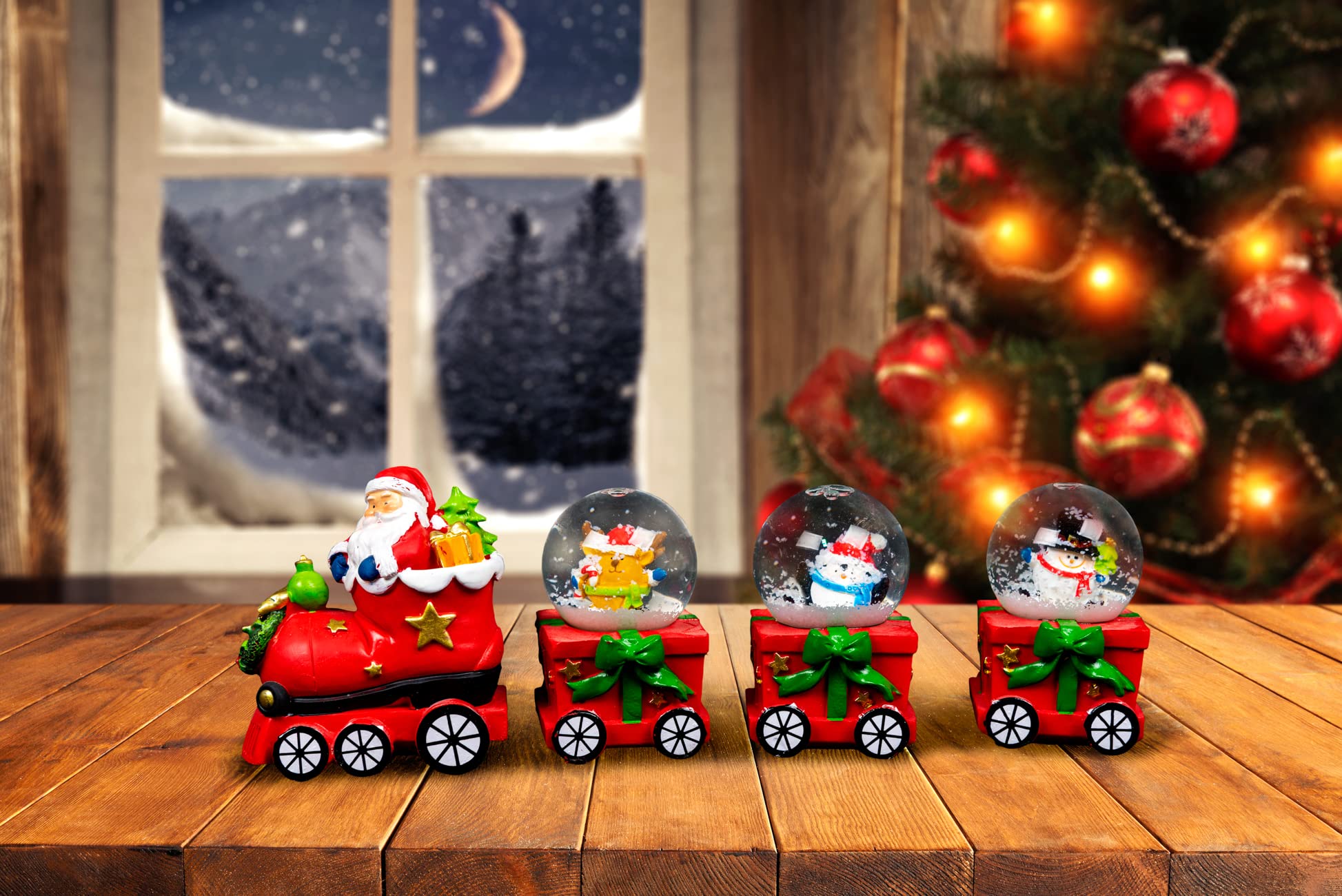 Christmas Snowglobe Set of 3pcs Gift Box Train Carriages & Engine Hand Painted Snowman Santa Reindeer Penguine Table Mantel Decoration Xmas Gifts, Red
