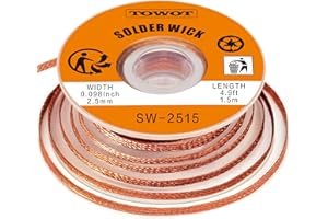 TOWOT Solder Wick Braid with Flux No-Clean Electronic, Desoldering Wick Braid Remover.Desolder Soldering 2.5mm W 0.10'' L 5'