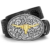 SANSTHS Western Belt Cowboy Belts for Men Women, Western Leather Belts Bull Buckle Belt Embossed Leather Belt for Jeans