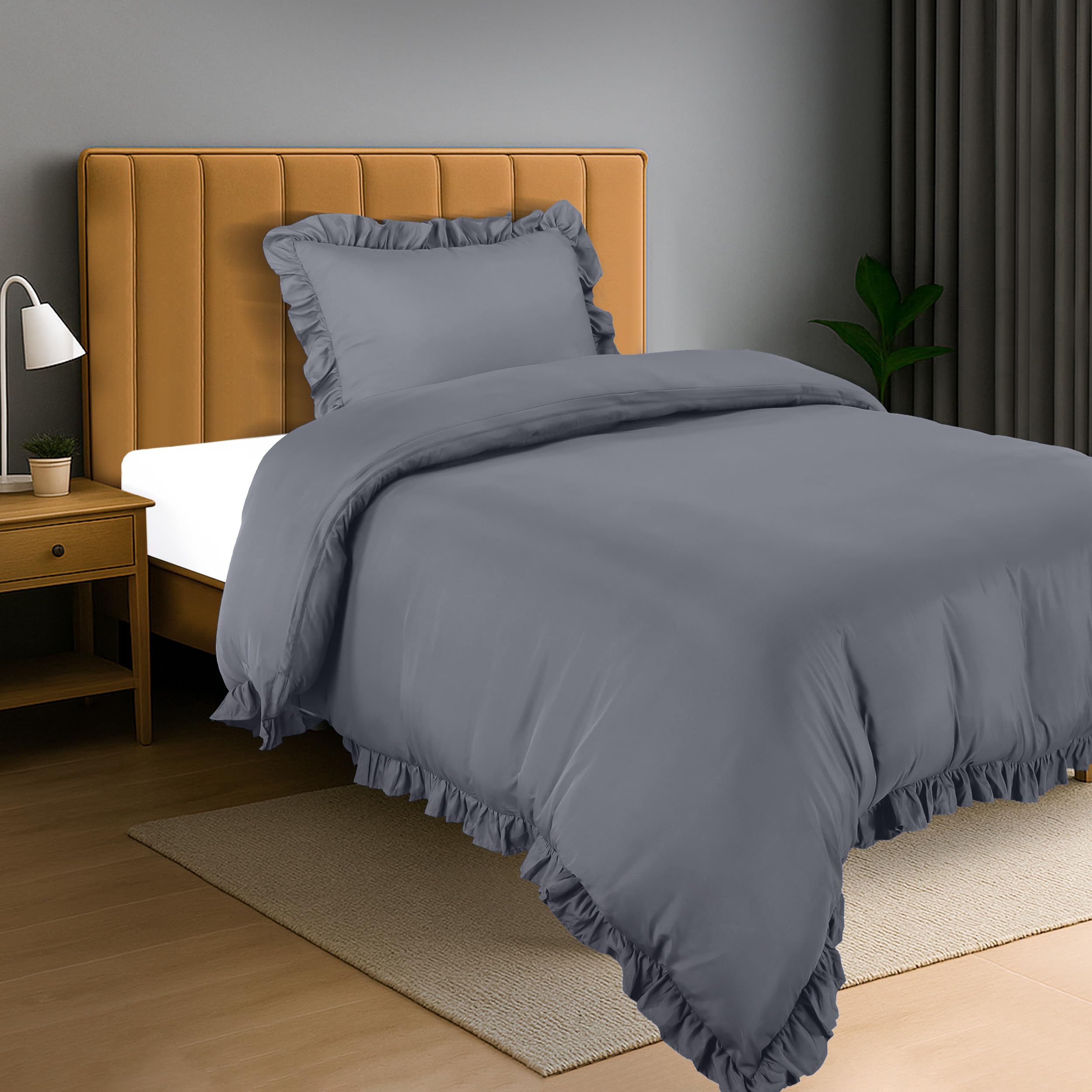 Utopia Bedding Ruffle Duvet Cover - Single Duvet Cover Set with Pillowcase - Soft Microfibre Polyester Ruffle Bedding (Grey)
